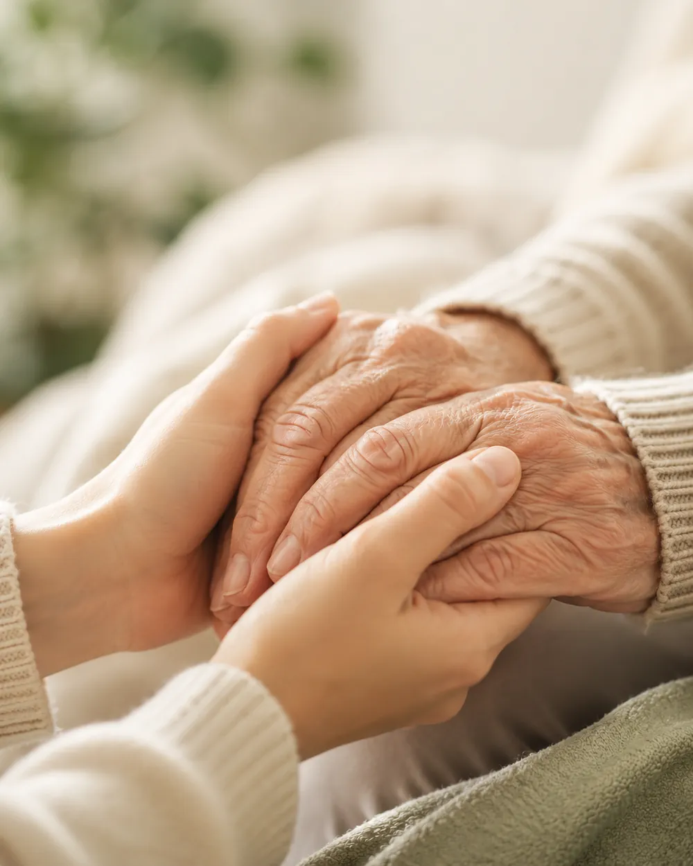 Zwei Hände halten sich – Sinnbild für Zuwendung und Vertrauen in der Pflege.