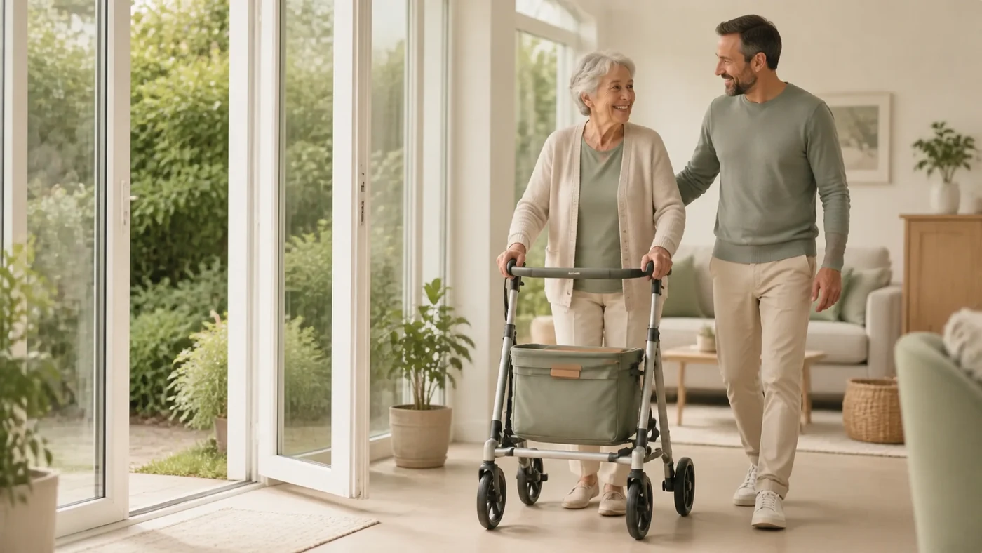 Ältere Frau geht sicher mit einem Rollator durch einen hellen Wintergarten, begleitet von ihrem Sohn.