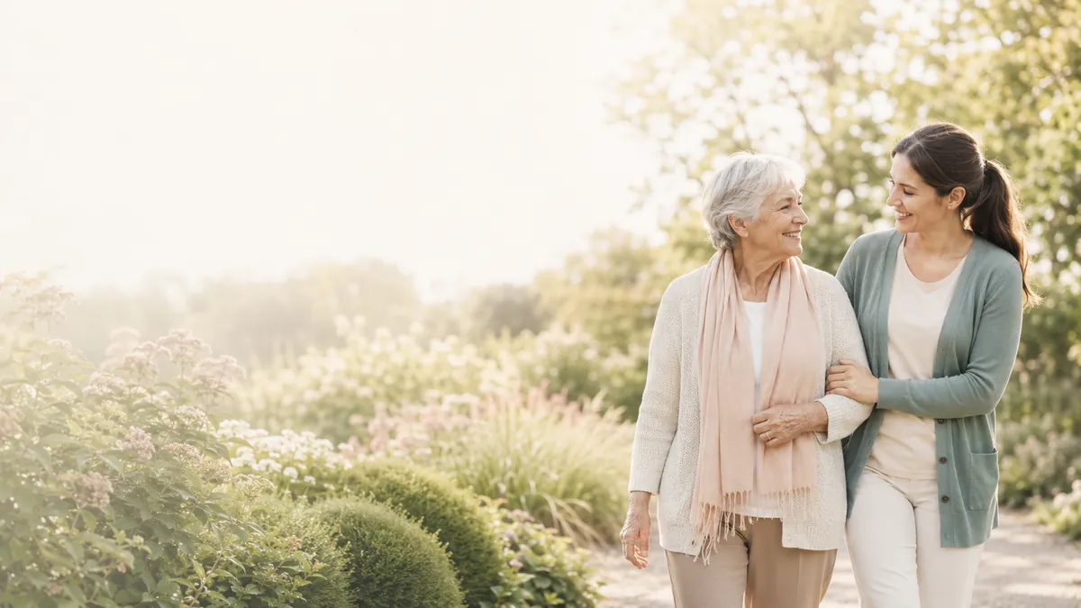 Seniorin geht mit einer Pflegekraft im Grünen spazieren – selbstbestimmtes Leben im Alter.